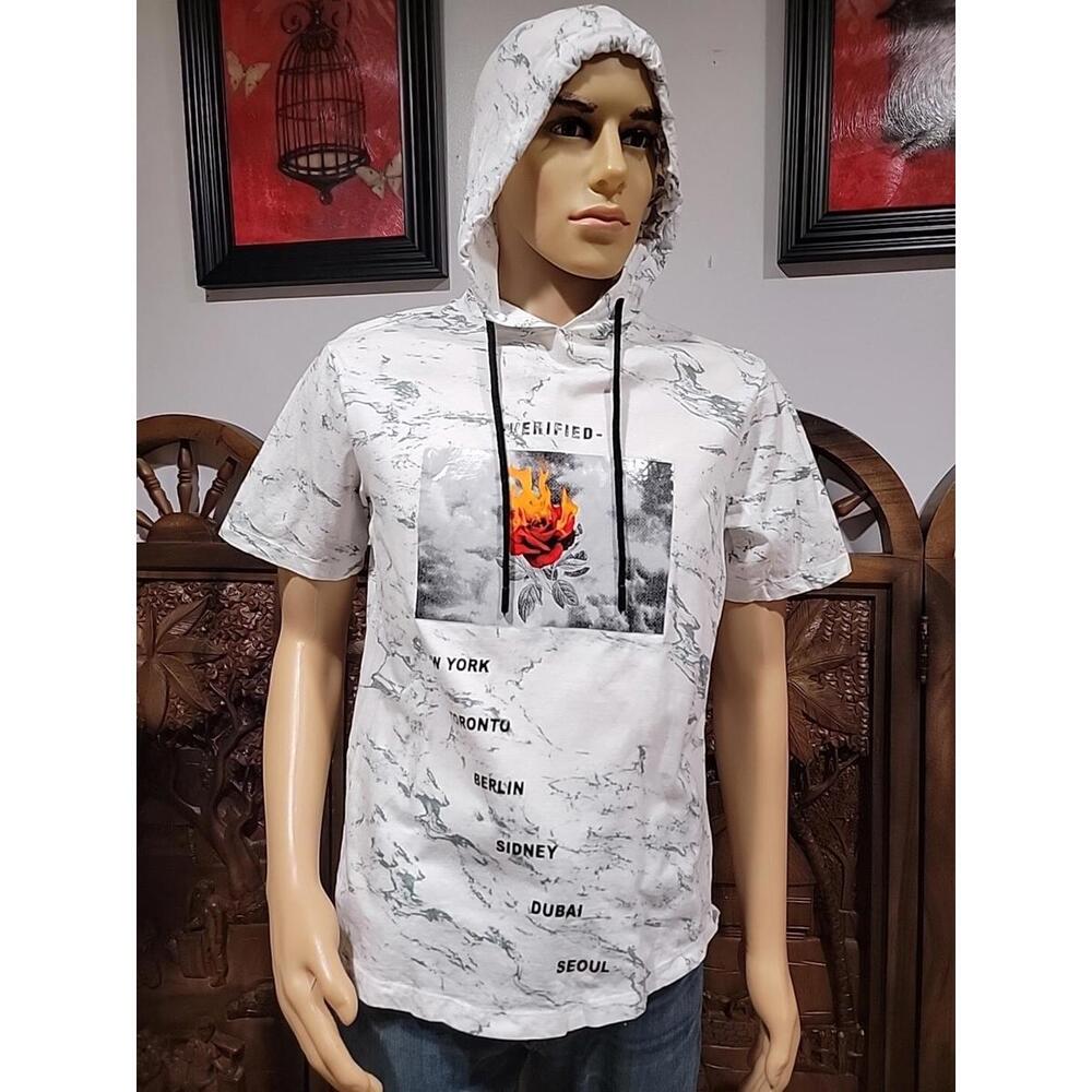 ORIGINAL GRAVITY NY Size S Hooded Graphic Men's Streetwear Sweatshirt White #W7